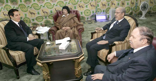 President Zine El Abidine Ben Ali conferring in Damascus, with Libyan leader Mouammar Gueddafi, Algerian President Abdelaziz Bouteflika and Mauritania’s President, Sidi Mohamed Ould Cheikh Abdellahi. March 2008. From www.Carthage.tn President Zine El Abidine Ben Ali conferring in Damascus, with Libyan leader Mouammar Gueddafi, Algerian President Abdelaziz Bouteflika and Mauritania’s President, Sidi Mohamed Ould Cheikh Abdellahi. March 2009. From www.carthage.tn
